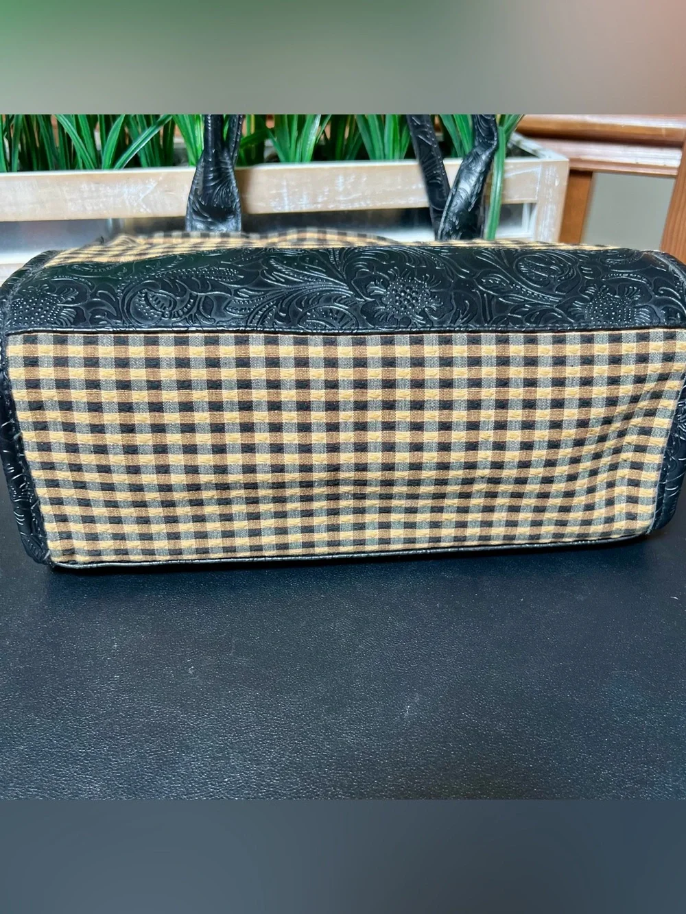 LONGABERGER Homestead Black & Tan Gingham Tote Bag with Embossed Leather Trim